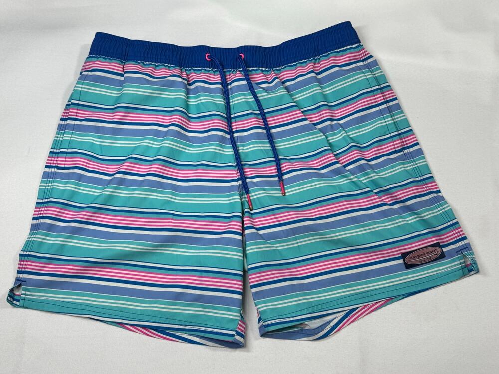 Vineyard Vines L Multicolored Stripe Swim Shorts Trunks Mens Green Pink